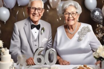 elderly couple celebrating 60th wedding anniversary with diamond theme decorations