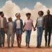 group of diverse people holding hands looking towards horizon