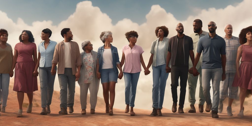 group of diverse people holding hands looking towards horizon