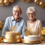 golden wedding anniversary celebration with elderly couple and festive decorations