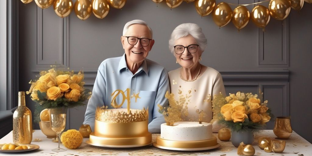 golden wedding anniversary celebration with elderly couple and festive decorations