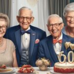 elderly couple celebrating 60th wedding anniversary with family
