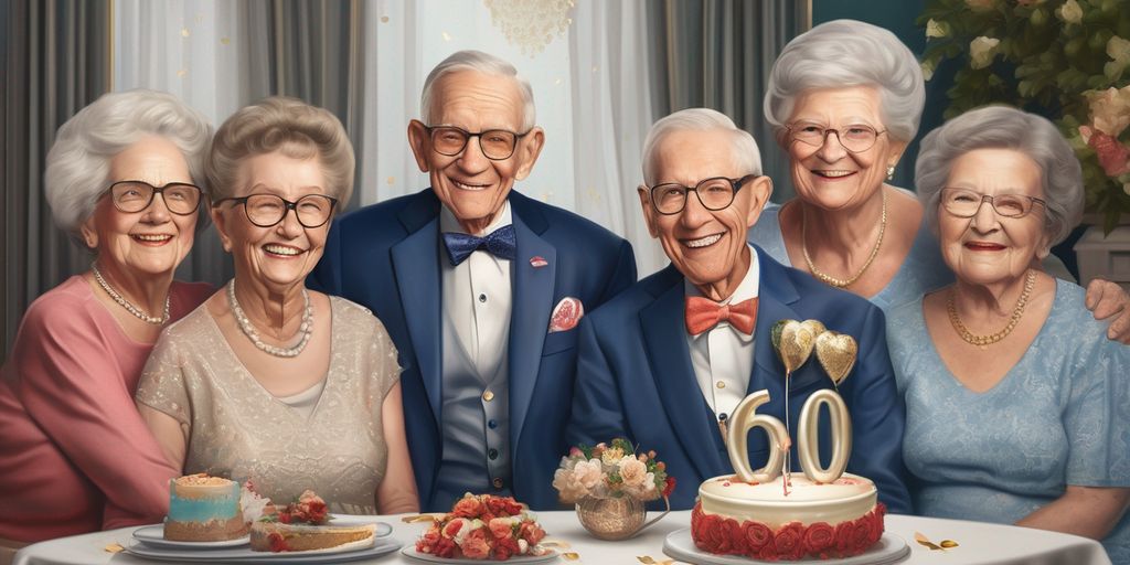 elderly couple celebrating 60th wedding anniversary with family