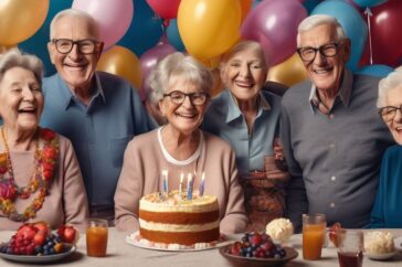 elderly friends celebrating 70th birthday party with cake and balloons