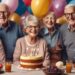 elderly friends celebrating 70th birthday party with cake and balloons