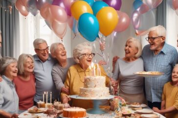 elderly person celebrating 70th birthday with family and friends, joyful and wise moments, cake and balloons