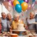 elderly person celebrating 70th birthday with family and friends, joyful and wise moments, cake and balloons