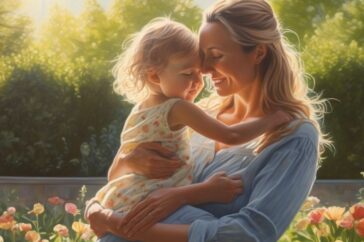mother and child embracing in a sunny garden