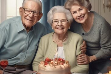 elderly couple celebrating 65th anniversary with family